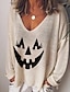 billige HALLOWEEN-Dame Halloween T-shirt Grafisk Grafiske tryk Græskar Langærmet Trykt mønster V-hals Basale Toppe Hvid Sort Blå