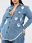 cheap Plus Size Tops-Women&#039;s Plus Size Blouse Denim Shirt Shirt Solid Colored Long Sleeve Tassel Cut Out Shirt Collar Elegant Streetwear Tops 100% Cotton Blue