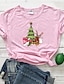 baratos Christmas Tops-Mulheres Natal Camiseta Plantas Gráfico Letra Estampado Decote Redondo Blusas 100% Algodão Básico Natal Camisetas Básicas Preto Roxo Rosa