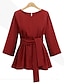 baratos Blusas Plus Size-Mulheres Tamanhos Grandes Blusa Camisa Social Sólido Cordões Decote Redondo Elegante Blusas Preto Vermelho Vinho