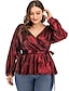 cheap Plus Size Tops-Women&#039;s Plus Size Blouse Shirt Solid Colored Long Sleeve Lace up V Neck Basic Tops Wine