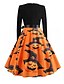 cheap HALLOWEEN-Women&#039;s Halloween A Line Dress Knee Length Dress Orange Long Sleeve Pumpkin Print Patchwork Bow Print Summer Round Neck Vintage 2021 S M L XL XXL 3XL