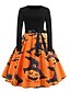 cheap HALLOWEEN-Women&#039;s Halloween A Line Dress Knee Length Dress Orange Long Sleeve Pumpkin Print Patchwork Bow Print Summer Round Neck Vintage 2021 S M L XL XXL 3XL