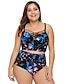 cheap Plus Size Swimwear-Women&#039;s Bikini Swimsuit High Waist Cut Out Mesh Blue Purple White Plus Size Swimwear Padded Strap Bathing Suits / Print