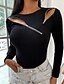 abordables Tops &amp; Blouses-Mujer Blusa Camisa Un Color Manga Larga Cremallera Cerrar Escote Redondo Básico Tops Algodón Negro