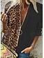 billige Tops &amp; Blouses-Dame Bluse Skjorte Farveblok Leopard Chimpansemønster Langærmet Lynlås Patchwork Lynlås op V-hals Basale Toppe Hvid / Sort Leopard Sort