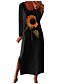 baratos Vestidos Casuais-Vestido feminino casual com estampa de girassol de mangas compridas com babado vestido de verão boho preto