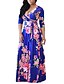 cheap Plus Size Dresses-womens long sleeve floral printed faux wrap self-tie swing maxi bohemian dress plus size blue
