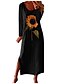 baratos Vestidos Casuais-Vestido feminino casual com estampa de girassol de mangas compridas com babado vestido de verão boho preto