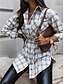 cheap Tops &amp; Blouses-Women&#039;s Blouse Peplum Shirt Check Long Sleeve Patchwork Shirt Collar Tops Loose Gray Khaki White