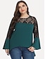 cheap Plus Size Tops-Women&#039;s Plus Size Blouse Shirt Solid Colored Long Sleeve Ruffle Lace Patchwork Round Neck Tops Basic Basic Top Green