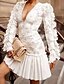 cheap Party Dresses-Women&#039;s A Line Dress Short Mini Dress White Long Sleeve Solid Color Sequins Mesh Lace Summer V Neck Sexy 2021 S M L XL XXL / Plus Size