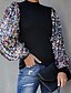 cheap Sweaters-women fashion mock neck lantern sleeve sequins colorblock insert blouse m black