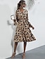 preiswerte Casual Kleider-Damen A Linie Kleid Knielanges Kleid Khaki Beige Langarm Leopard Herbst Winter V-Ausschnitt Freizeit 2021 S M L XL / Baumwolle / Baumwolle