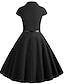 cheap Knee-Length Dresses-Women&#039;s Swing Dress Knee Length Dress Black Short Sleeve Solid Color Patchwork Button Summer V Neck Shirt Collar Vintage Cotton 2021 S M L XL XXL