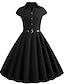 cheap Knee-Length Dresses-Women&#039;s Swing Dress Knee Length Dress Black Short Sleeve Solid Color Patchwork Button Summer V Neck Shirt Collar Vintage Cotton 2021 S M L XL XXL