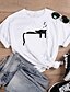 baratos T-shirts-Mulheres Gato Diário Final de semana Manga Curta Camiseta Decote Redondo Imprimir Básico Blusas 100% Algodão Branco Preto S