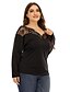 cheap Plus Size Tops-Women&#039;s Sexy Plus Size Blouses Blouse Shirt Plain Long Sleeve See Through Patchwork Lace Trims V Neck Tops Black
