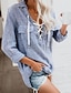 cheap Tops &amp; Blouses-Women&#039;s Blouse Shirt Striped Long Sleeve Drawstring Standing Collar Basic Tops Cotton Blue