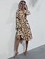 preiswerte Casual Kleider-Damen A Linie Kleid Knielanges Kleid Khaki Beige Langarm Leopard Herbst Winter V-Ausschnitt Freizeit 2021 S M L XL / Baumwolle / Baumwolle