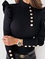 abordables Tops &amp; Blouses-Mujer Camisa Blusa Negro Blanco Caqui Plano Volante Botón Manga Larga Cuello Alto Regular Delgado S