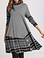 cheap Casual Dresses-Women&#039;s A Line Dress Knee Length Dress Gray Long Sleeve Plaid Color Block Patchwork Print Fall Winter Turtleneck Casual 2021 S M L XL XXL 3XL 4XL