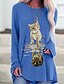 baratos Tops &amp; Blouses-Mulheres Tamanhos Grandes T-shirt vestido Túnica Blusa Gato Manga Longa Estampado Decote Redondo Blusas Preto Azul Vermelho