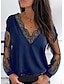 cheap Tops &amp; Blouses-Women&#039;s Blouse Shirt Eyelet top Blue White Black Lace Mesh Solid Colored Daily Going out Long Sleeve V Neck Streetwear Elegant Regular S