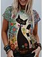 billige T-shirts-Dame T-shirt Kat Grafisk Rund hals Trykt mønster Basale Toppe Grøn / 3D-udskrivning