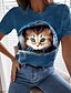 billige T-shirts-Dame T skjorte Svart Blå Lyseblå Grafisk Katt Trykt mønster Kortermet Daglig Helg Grunnleggende Rund hals Normal 3D Cat S