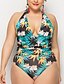 cheap Plus Size Swimwear-Women&#039;s One Piece Swimsuit Floral Tropical Green Swimwear Strap Bathing Suits