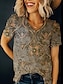 billige T-shirts-Dame Daglig Weekend T-shirt Kortærmet Grafisk V-hals Trykt mønster Basale Toppe Kakifarvet S / 3D-udskrivning