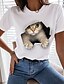billige T-shirts-3D Cat Dame T skjorte Morsom T -skjorte Grafisk Katt 3D 100 % bomull Svart Hvit Kortermet Trykt mønster Grunnleggende Avslappet Daglig Rund hals Normal