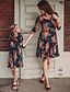 cheap Family Look Sets-Mommy and Me Dress Floral Pleated Green Above Knee 3/4 Length Sleeve Basic Matching Outfits / Sweet