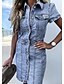 preiswerte Elegantes Damenkleid-Damen Jeanskleider Knielanges Kleid Hellblau Kurzarm Volltonfarbe Sommer Hemdkragen Elegant 2021 S M L XL