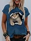 billige T-shirts-Dame Kat Grafisk 3D Daglig Weekend 3D kat Kortærmet T-shirt Rund hals Trykt mønster Basale Toppe Blå Gul Mørkegrå S / 3D-udskrivning