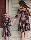 cheap Family Look Sets-Mommy and Me Dress Floral Pleated Green Above Knee 3/4 Length Sleeve Basic Matching Outfits / Sweet