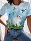 cheap T-Shirts-Women&#039;s T shirt Tee Blue Green Light Blue Print Graphic Cat Daily Weekend Short Sleeve Round Neck Basic Regular Butterfly 3D Cat Painting S