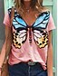 billige T-shirts-Dame T skjorte Sommerfugl Trykt mønster V-hals Grunnleggende Topper Bomull Svart Blå Rosa
