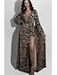 abordables Vestidos casuales-Mujer Vestido de una línea Vestido largo maxi Marrón Manga Larga Leopardo Estampado Otoño Escote en Pico Elegante Casual 2021 S M L XL XXL