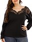cheap Plus Size Tops-Women&#039;s Sexy Plus Size Blouses Blouse Shirt Plain Long Sleeve See Through Patchwork Lace Trims V Neck Tops Black