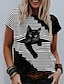 billige T-skjorte-Dame T skjorte Grafisk Katt Stripet Svart Trykt mønster Kortermet Daglig Helg Årgang Grunnleggende Rund hals Normal