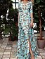 billige Maxi-kjoler-Dame Kappe Kjole Maxi lang kjole Blå Halvlange ærmer Trykt mønster Delt Trykt mønster Forår Sommer V-hals Elegant Ferie 2021 S M L XL