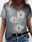 billige T-shirt-Dame T-shirt Blomstret Daglig Weekend Blomster Tema Daisy Maleri Kortærmet T-shirt V-hals Trykt mønster Basale Årgang Grå S / 3D-udskrivning
