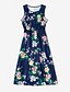 preiswerte New Arrivals-Mama und ich Baumwolle Kleid Blumen Bedruckt Blau Midi Ärmellos Grundlegend Passende Outfits / Sommer