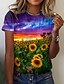 billige Bedst sælgende toppe-Dame Landskab 3D Solsikke Ferie Weekend Blomster Tema 3D Maleri Kortærmet T-shirt Rund hals Trykt mønster Basale Toppe Grøn S / 3D-udskrivning