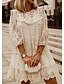 cheap Casual Dresses-Women&#039;s Shift Dress Short Mini Dress White Beige 3/4-Length Sleeve Solid Color Embroidered Lace Spring Summer Round Neck Casual 2021 S M L XL XXL 3XL