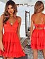 billige Afslappede kjoler-kvinders spaghettistrop v-hals gynge mini kjole ærmer solid blonder patchwork kort kjole rød
