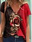 baratos T-shirts-Mulheres Camiseta Roxo Laranja Vermelho Floral Plantas Diário Manga Curta Decote V Básico Padrão Tema Flores S / Impressão 3D
