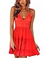 baratos Vestidos Casuais-alça espaguete feminina com decote em v swing minivestido mangas compridas renda sólida patchwork vestido curto vermelho